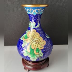 Vintage Blue Flower Miniature Chinese Cloisonne Enamel Vase w/ Wood Base